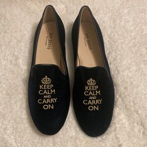 Jon Josef size 11 black velvet loafers with statement..Keep Calm and Carry On